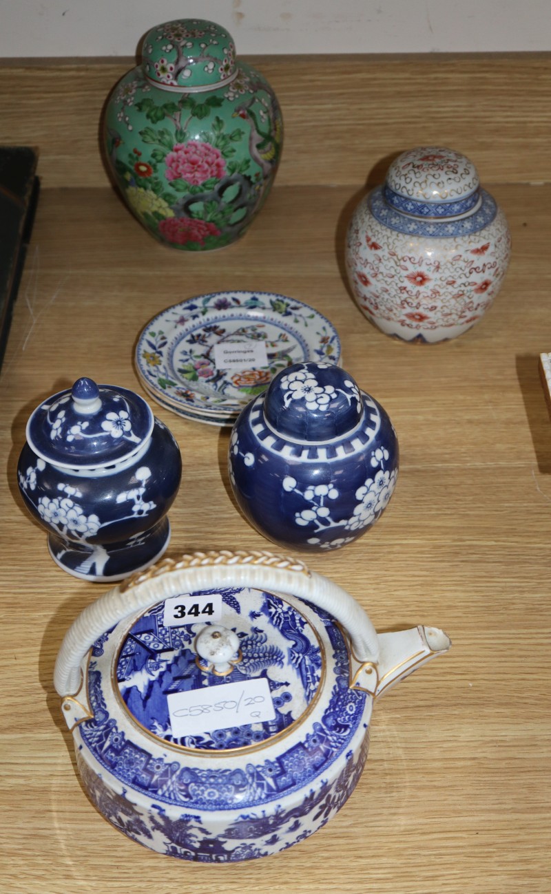 Three small early 19th century Davenport Ironstone dessert dishes, four Chinese ginger jars and a Royal Worcester blue and white tea ke